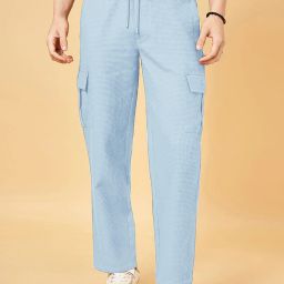 Men Loose Fit Light Blue Polycotton Trousers-image-18