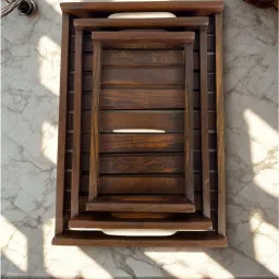 narang craft & decor Handcrafted Wooden Tray Set of 3 with Lining Design Tray Serving Set image 3