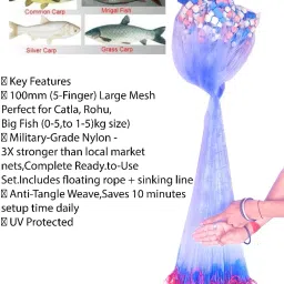 5-Finger 100mm Mesh Gillnet Fishing Net (5ft x 50ft) for Catla, Rohu, Big Fish Fishing Net-picture-9