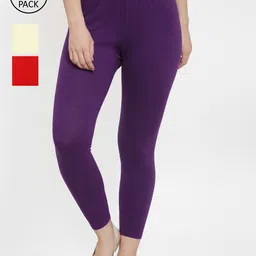 GRACIT Women Pack Of 3 Super Combed Cotton Lycra Ankle Length Leggings-image-40