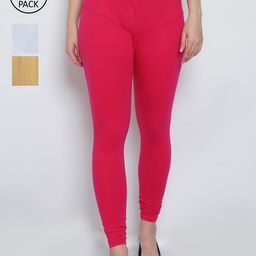 GRACIT Women Pack Of 3 White & Pink Solid Churidar-Length Leggings-image-91