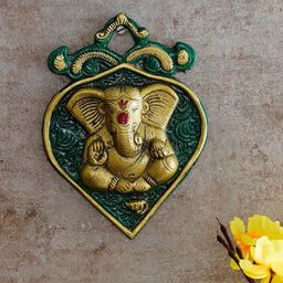 eCraftIndia Green Golden Lord Ganesha on Leaf Handcrafted Metal Wall Hanging-25