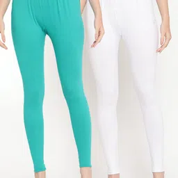 TAG 7 Women Pack Of 2 White & Blue Solid Ankle-Length Leggings-image-99