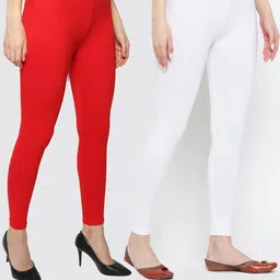 KEX Women Pack Of 2 Red & White Solid Ankle-Length Leggings-picture-44