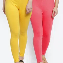 GRACIT Women Pack Of 2 Peach & Yellow Solid Ankle Length Leggings-image-27