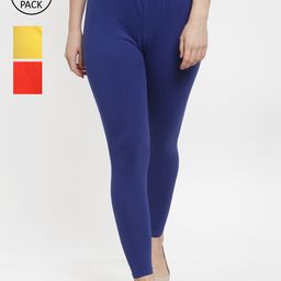 Jinfo Women Pack Of 3 Blue ,Yellow & Orange Solid Ankle Length Leggings-image-98