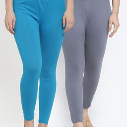 GRACIT Women Pack of 2 Grey & Sky Blue Solid Ankle Length Leggings-image-65