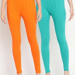 TAG 7 Women Pack of 2 Turquoise Blue & Orange Solid Ankle Length Leggings-image-89