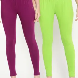 TAG 7 Women Pack of 2 Purple and Lime Green Solid Comfort Fit Ankle Length  Leggings-picture-13