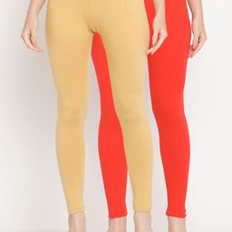 TAG 7 Women Pack of 2 Beige & Orange Solid Comfort Fit Ankle Length Leggings-image-100