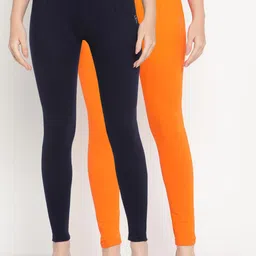 TAG 7 Women Navy Blue & Orange Pack of 2 Solid Comfort Fit Ankle Length Leggings-image-45