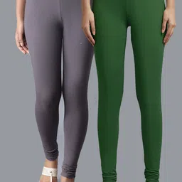 KEX Women Pack Of 2 Green & Grey Solid Churidar Length Cotton Leggings-image-58