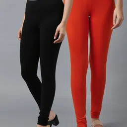 KEX Women Pack Of 2 Orange & Black Solid Churidar Length Cotton Leggings-image-26