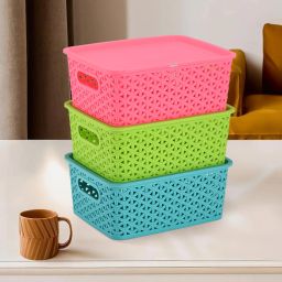 Polypropylene Pack of 3 Multipurpose Storage Baskets with Lid for Organizing H1- Multicolor Storage Basket-image-25