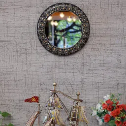 craft tree Wooden Handpainted Decorative Wall Hanging Round Mirror Showpiece in blackcolor-picture-46