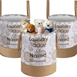 Cotton Pack of 3 Floral Print Foldable 45L Toys Organizer for Kids Room | White & Gold Storage Basket-13