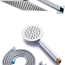 ANMEX 12x12 (12inch) Ultra Slim Rain Shower Head with 24inch Arm PLUS (9" Long) UltraSlim Round Rain Handheld Shower with 1.5mtr SS Shower Tube and Wall Hook-image-92