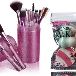 12 Pcs Pink Face & Eye Makeup Brush Set With Box + 6in1 Makeup Sponge Puff Pack-2