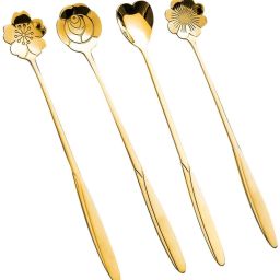 4 Pcs Flower Shape Spoons Set, Cutlery Kitchen Tableware Coffee & Dessert Spoon Stainless Steel Dessert Spoon, Coffee Spoon Set-image-35