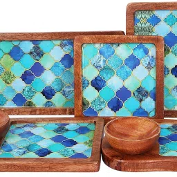 indian artisans AZURE MANGO WOOD PLATTER SET OF 5 PLATTERS AND 2 BOWLS Tray, Bowl, Chip & Dip Tray Serving Set image 3