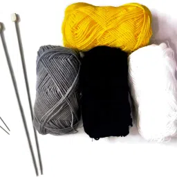 4 Piece Wool Ball Hand Knitting Yarn , Crochet Hook Yarn , DIY , Art & Craft Multi Color with 2 Knitting Needles (No.9) and Big Eye Needles (4 Ply woolen ball of 25 grams each)-image-0