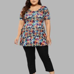 Womens Multi-Black Colour Abstract Print Nylon Plus Size Swim Suit Printed Women Swim-dress Multicolor Swimsuit-image-3
