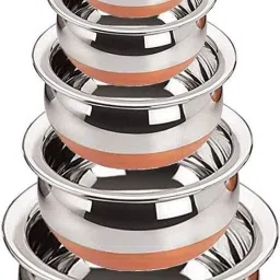 Pack of 5 Stainless Steel Cooking & Serving Copper Bottom Handi Set Biryani Pot Punjabi Handi for Home K3 Dinner Set-image-31