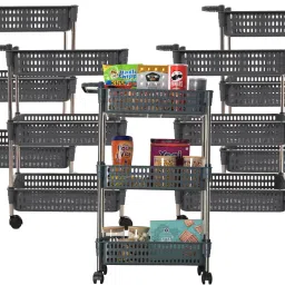 Pack of 5 Multipurpose 3-Layer Storage Revolving Rack with Wheels | Grey Plastic Kitchen Trolley-image-28