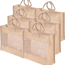 Pack of 6 Reusable Jute Grocery Bags for Shopping, Carry Jhola for Women | Brown Pack of 6 Grocery Bags-image-48