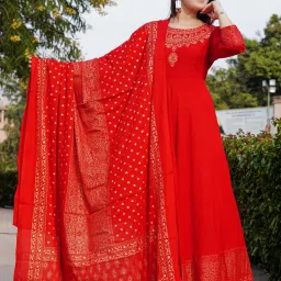 Women Printed Pure Cotton Anarkali Kurta With Attached Dupatta-image-98
