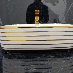 Premium Designer Table Top Counter Top Golden Wash Basin Gold Ceramic Wash Basin 4004(L41 X W31.5 X H13.5Cm) Very Stylish Bathroom Golden Ceramic Wall mounted Table Top Basin-image-65