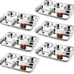 Stainless Steel Rectangular 5 in 1 Dinner Plate / Lunch Plates / Bhojan Thali (6 Pieces, Stainless Steel) Dinner Plate-image-2