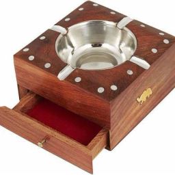 Sheesham Wood Handicraft Cigarette Ash Tray For Home & Car With draw Brown Wood, Brass Ashtray-16