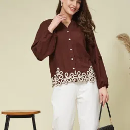 Casual Bishop Sleeve Embroidered Women Brown Top-image-53