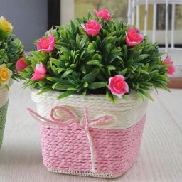 Green Plastic Pink Roses Artificial Plant with Pot by Foliyaj-image-7