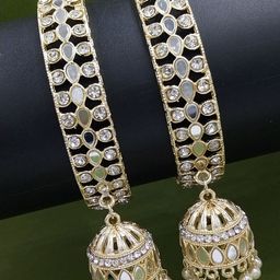 AARNAA Set of 2 Gold-Plated Artificial Stone-Studded & Beaded Chuda Bangles With Hangings-image-41