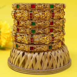 NAGNESHI ART Set Of 6 Gold Plated Lakshmi Ruby Stones Studded Temple Bangles-image-38