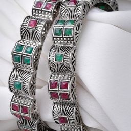 Sukkhi Set Of 2 Rhodium Plated Silver Oxidised Bangles-10