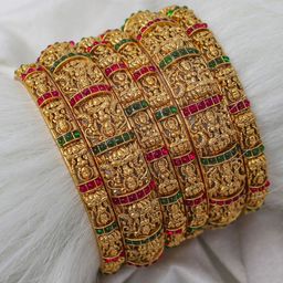 NAGNESHI ART Set Of 6 Gold-Plated Lakshmi Ruby Stones-Studded Temple Bangles-image-35