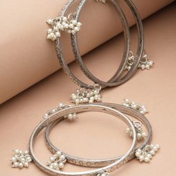 PANASH Set of 4 Silver-Plated Pearls Beaded Bangles-12