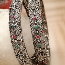 Sukkhi Set Of 2 Rhodium Plated Floral Design Silver Oxidised Bangles-56
