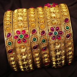 NAGNESHI ART Set Of 6 Gold-Plated Floral Ruby Stone-Studded Temple Bangles-image-71