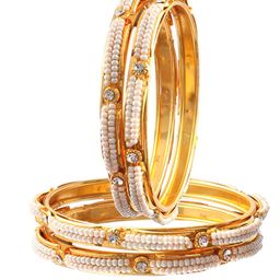 Jewar Mandi  Set Of 4  Gold-Plated White Pearl Beaded & CZ Rhinestones -Studded Bangles-21