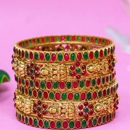 NAGNESHI ART Set Of 6 Gold-Plated Floral Lakshmi Ruby Stone-Studded Temple Bangles-image-96
