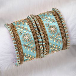 Peora Set of 10 Gold-Plated & Blue Silk Thread Handcrafted Kundan Bangles image 1