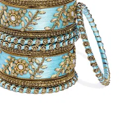 Peora Set of 10 Gold-Plated & Blue Silk Thread Handcrafted Kundan Bangles image 4