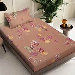 KLOTTHE Brown & Pink Floral Cotton 400 TC Fitted Single Bedsheet With Pillow Cover-6