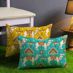 STITCHNEST Yellow & Turquoise Blue Set of 2 Ethnic Motifs Rectangle Cushion Covers-50
