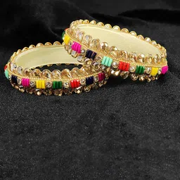 NMII Set Of 2 Zircon Stone-Studded & Kundan Beaded Bangles-48
