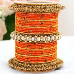 leshya Set Of 31 Brass Plated Stones Studded & Beaded Thread Bangles-image-48